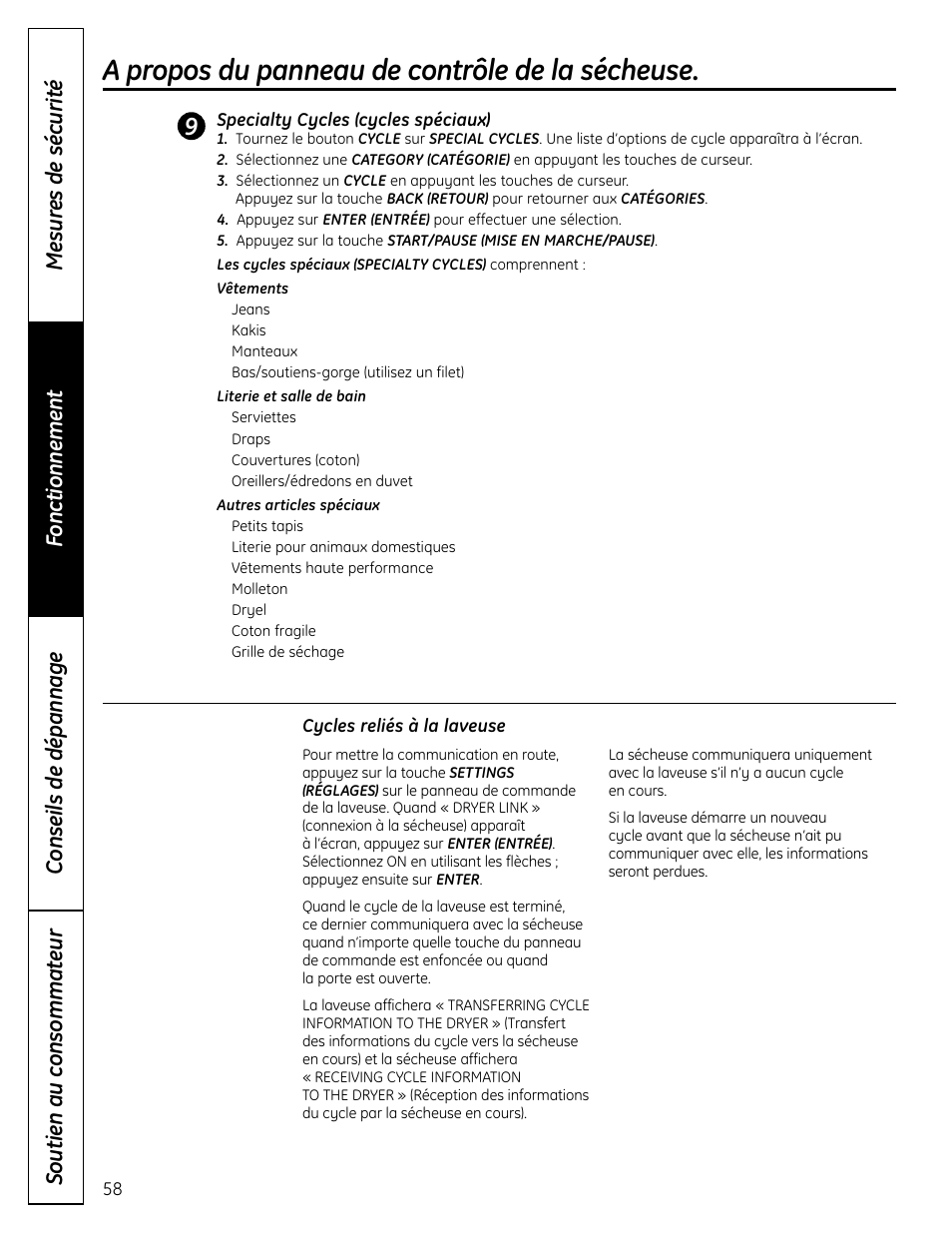 A propos du panneau de contrôle de la sécheuse | GE UPVH880 User Manual | Page 58 / 152