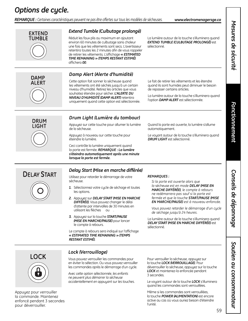 Options de cycle | GE UPVH880 User Manual | Page 59 / 152