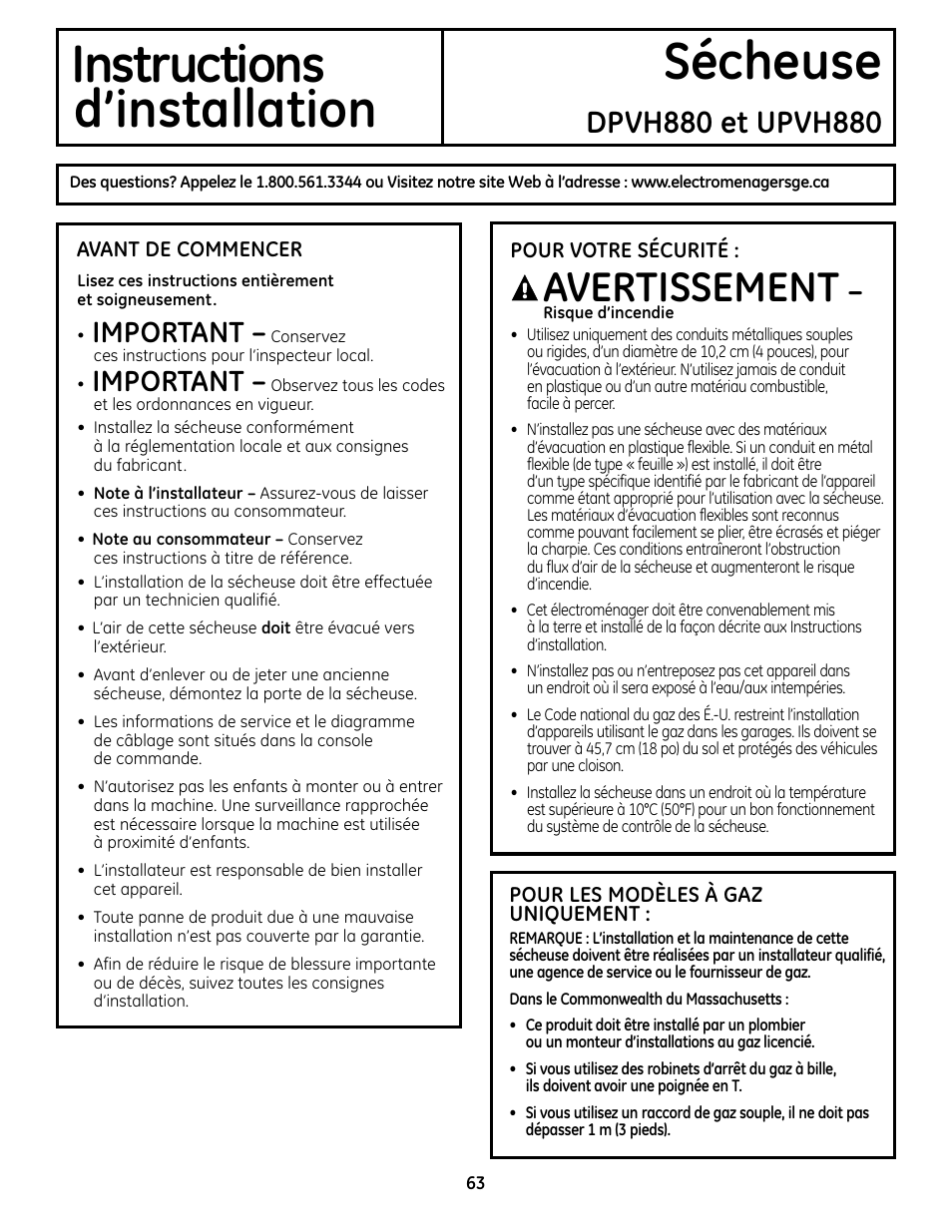 Instructions sécheuse d’installation, Avertissement, Important | GE UPVH880 User Manual | Page 63 / 152