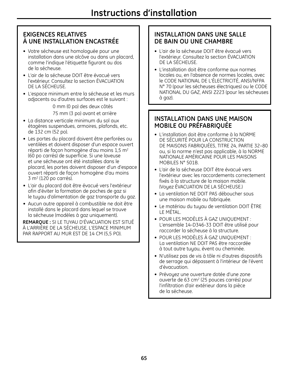 Instructions d’installation, Exigences relatives à une installation encastrée, Installation dans une salle de bain ou une chambre | GE UPVH880 User Manual | Page 65 / 152