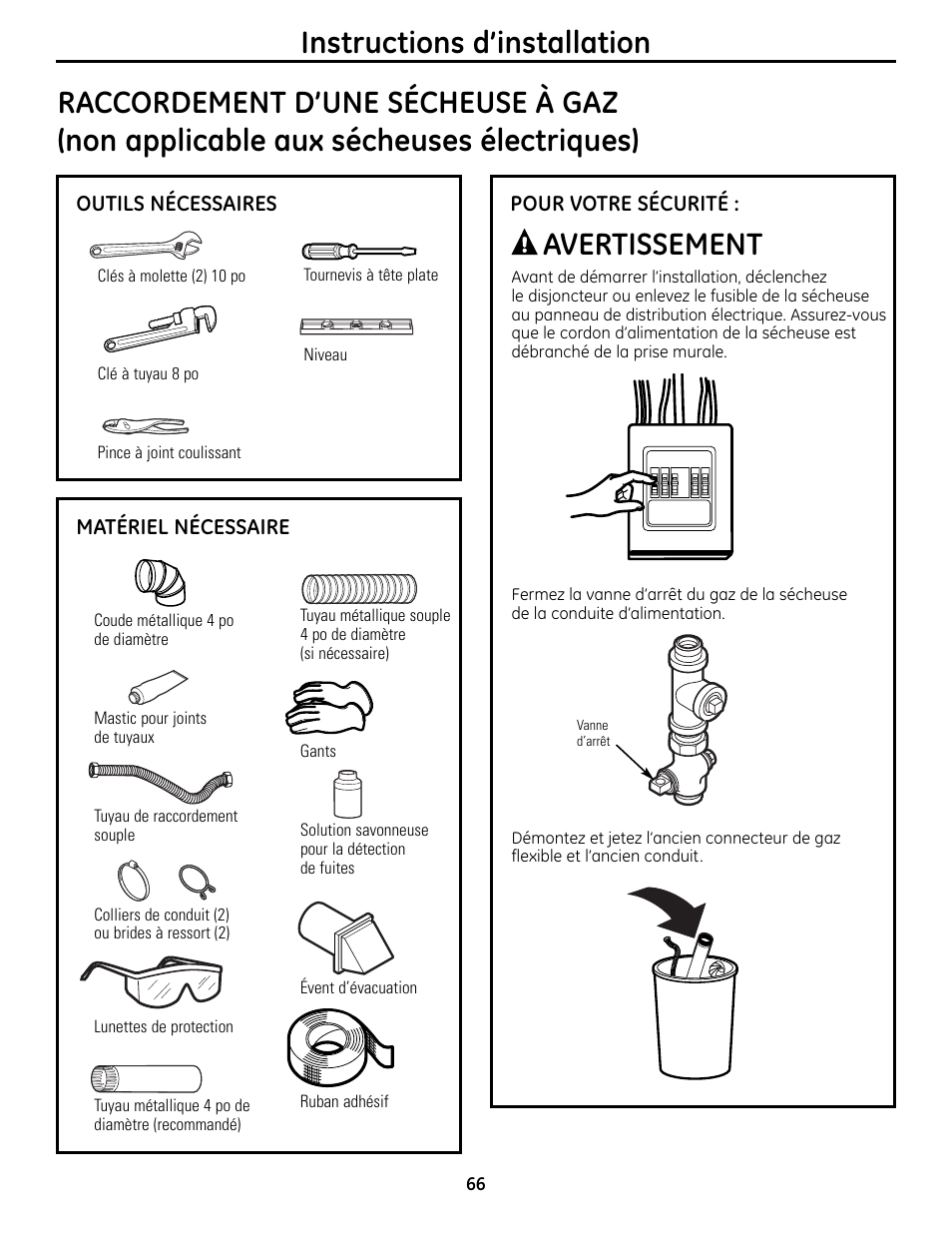 Instructions d’installation, Avertissement | GE UPVH880 User Manual | Page 66 / 152