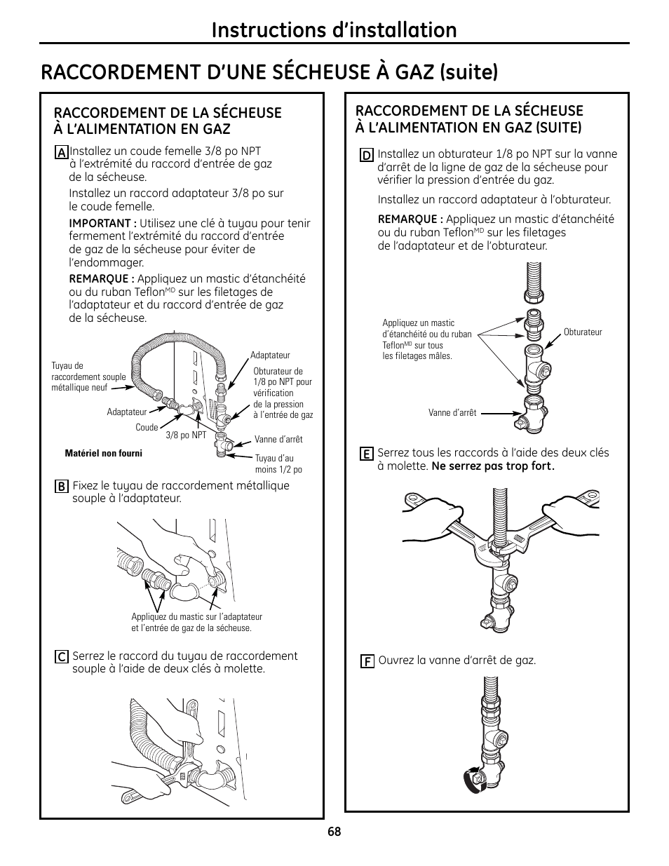 Instructions d’installation, Raccordement d’une sécheuse à gaz (suite) | GE UPVH880 User Manual | Page 68 / 152