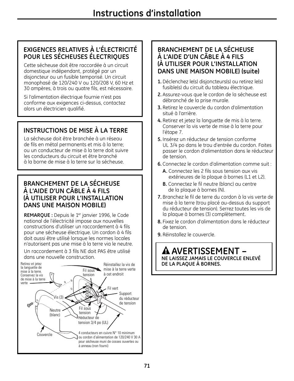 Instructions d’installation, Avertissement, Instructions de mise à la terre | GE UPVH880 User Manual | Page 71 / 152