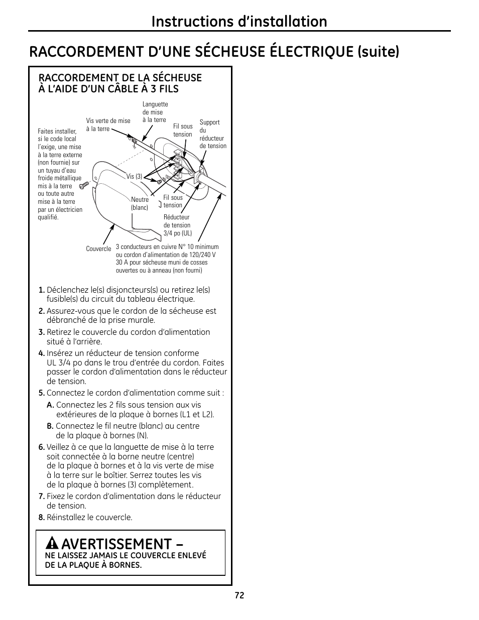 Instructions d’installation, Raccordement d’une sécheuse électrique (suite), Avertissement | GE UPVH880 User Manual | Page 72 / 152