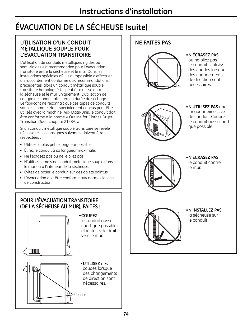 Instructions d’installation, Évacuation de la sécheuse (suite) | GE UPVH880 User Manual | Page 74 / 152