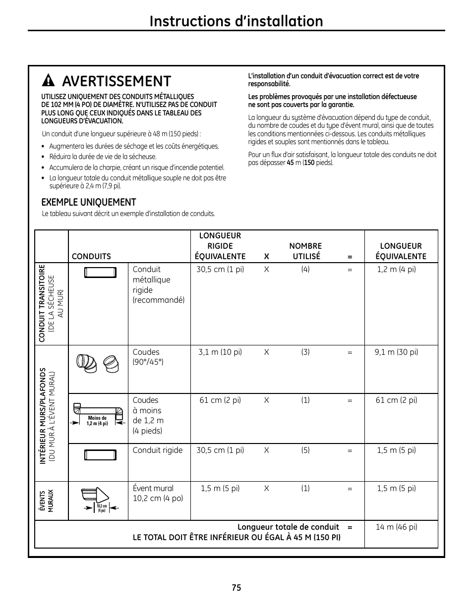 Instructions d’installation, Avertissement, Exemple uniquement | GE UPVH880 User Manual | Page 75 / 152