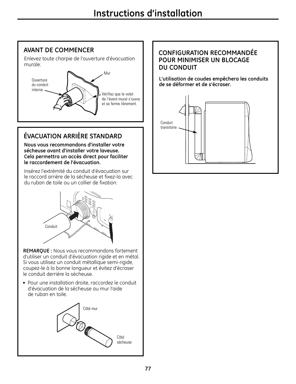 Instructions d’installation, Avant de commencer, Évacuation arrière standard | GE UPVH880 User Manual | Page 77 / 152