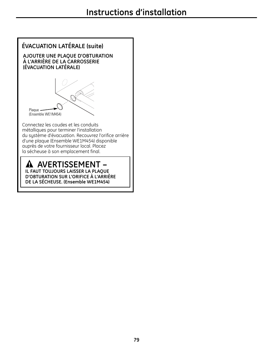 Avertissement, Instructions d’installation | GE UPVH880 User Manual | Page 79 / 152