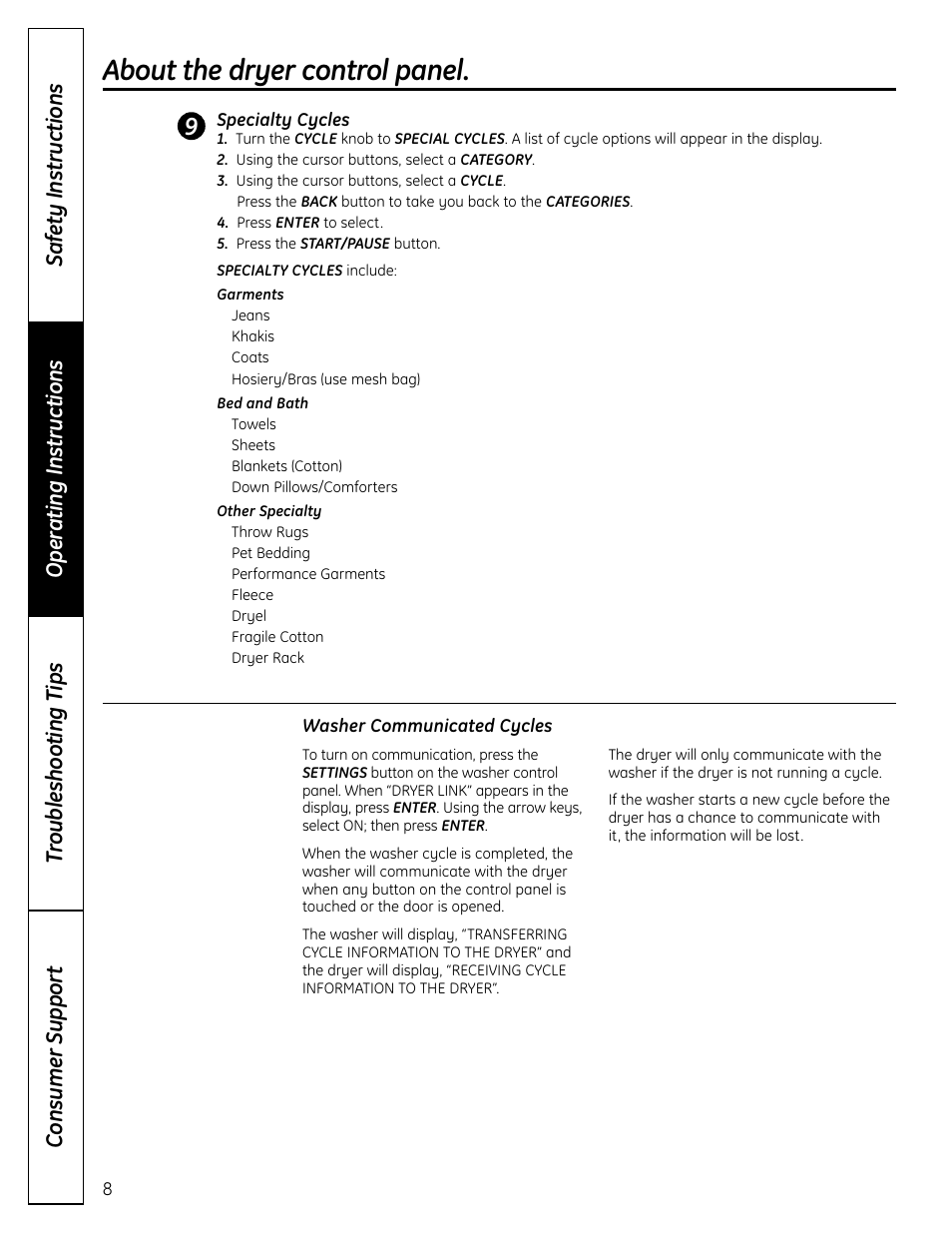 About the dryer control panel | GE UPVH880 User Manual | Page 8 / 152