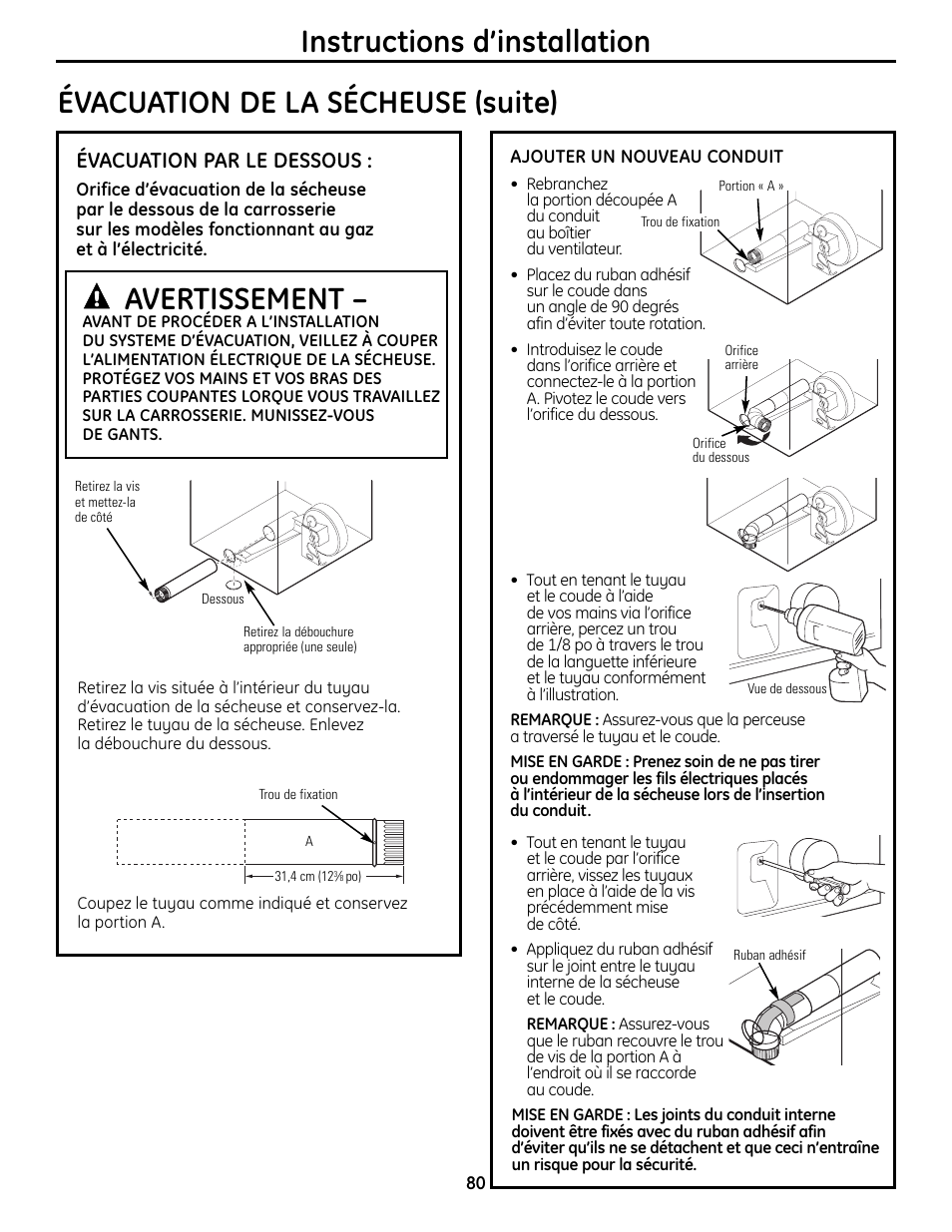 Avertissement, Évacuation par le dessous | GE UPVH880 User Manual | Page 80 / 152