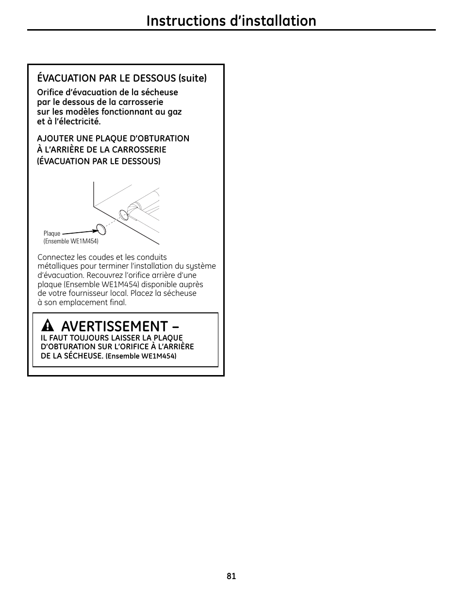 Avertissement, Instructions d’installation | GE UPVH880 User Manual | Page 81 / 152