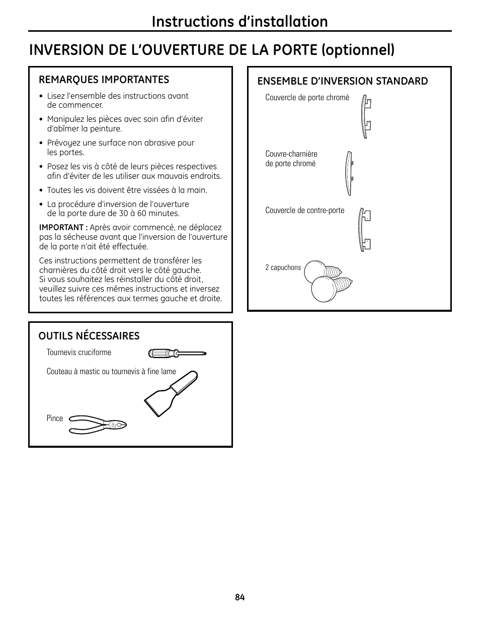 Instructions d’installation, Inversion de l’ouverture de la porte (optionnel) | GE UPVH880 User Manual | Page 84 / 152