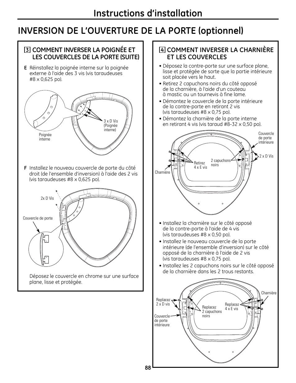 Comment inverser la charnière et les couvercles | GE UPVH880 User Manual | Page 88 / 152