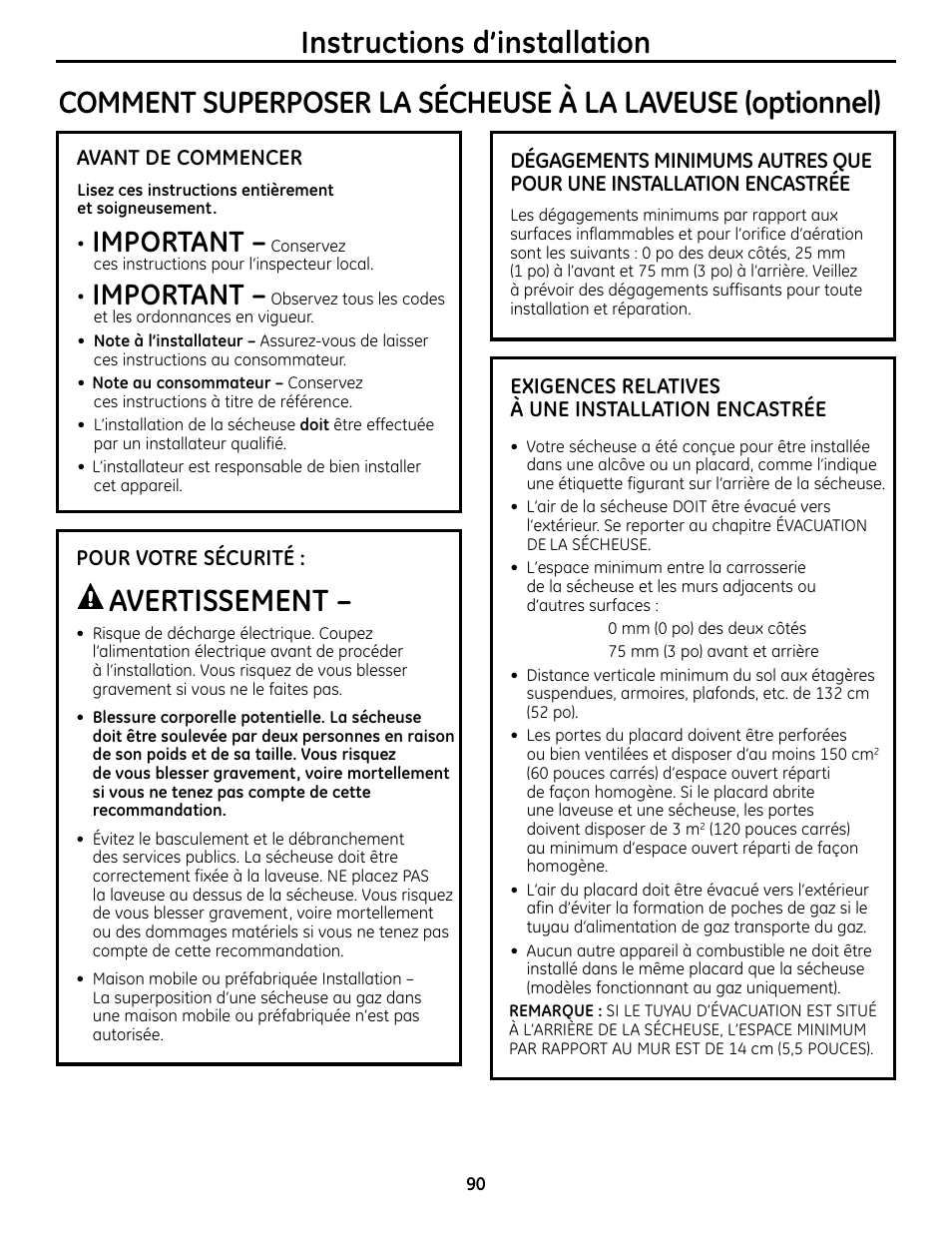 Avertissement, Instructions d’installation, Important | GE UPVH880 User Manual | Page 90 / 152