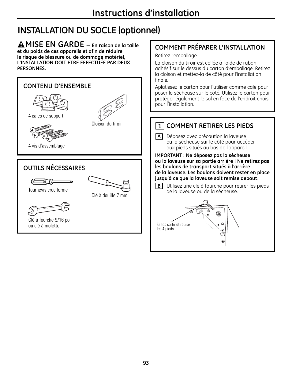 Instructions d’installation, Installation du socle (optionnel), Mise en garde | GE UPVH880 User Manual | Page 93 / 152