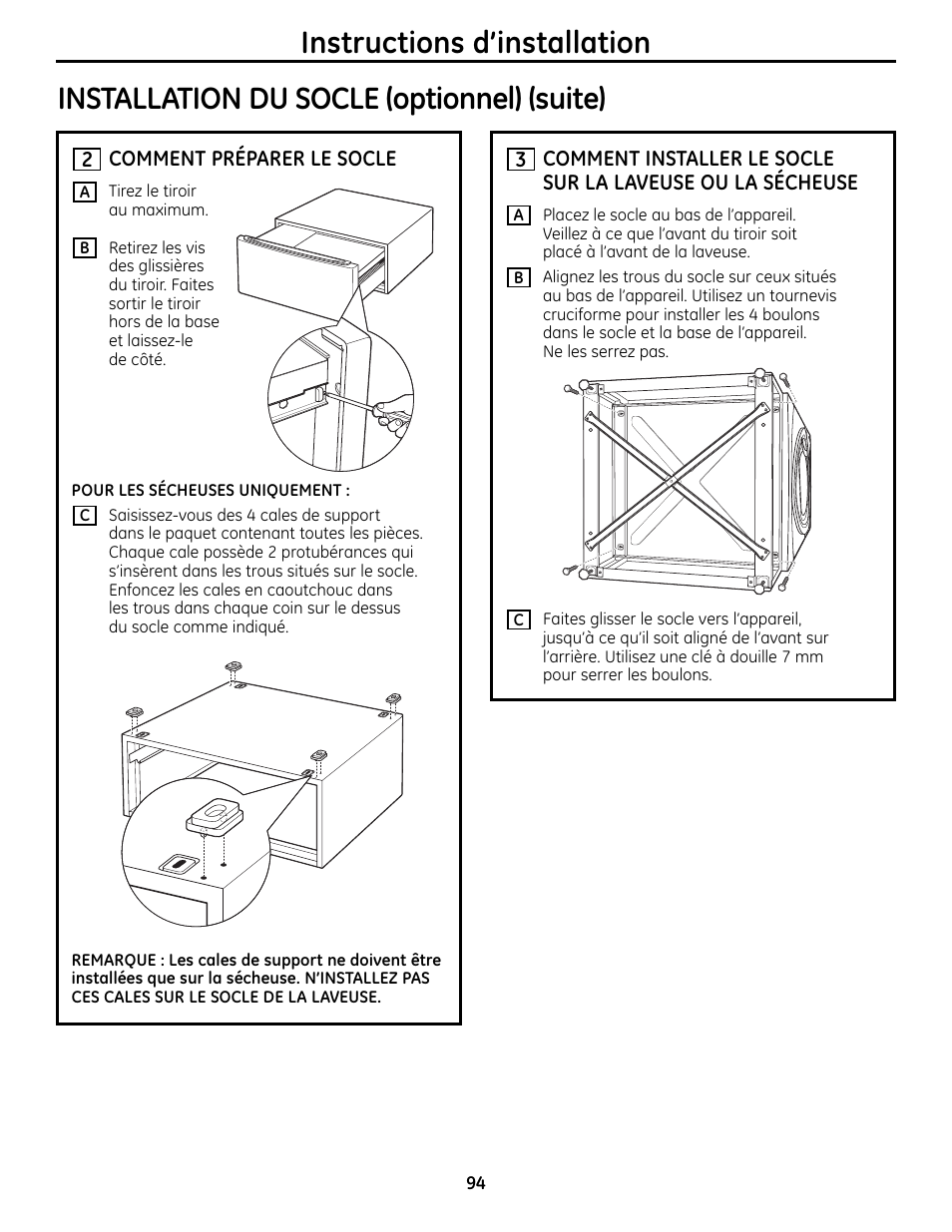 Instructions d’installation, Installation du socle (optionnel) (suite) | GE UPVH880 User Manual | Page 94 / 152