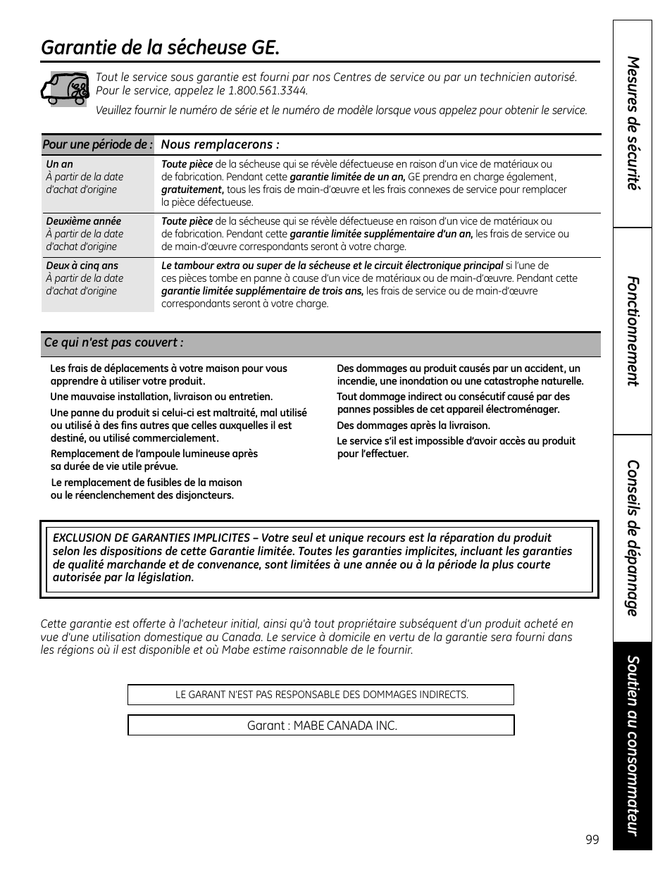Garantie de la sécheuse ge | GE UPVH880 User Manual | Page 99 / 152