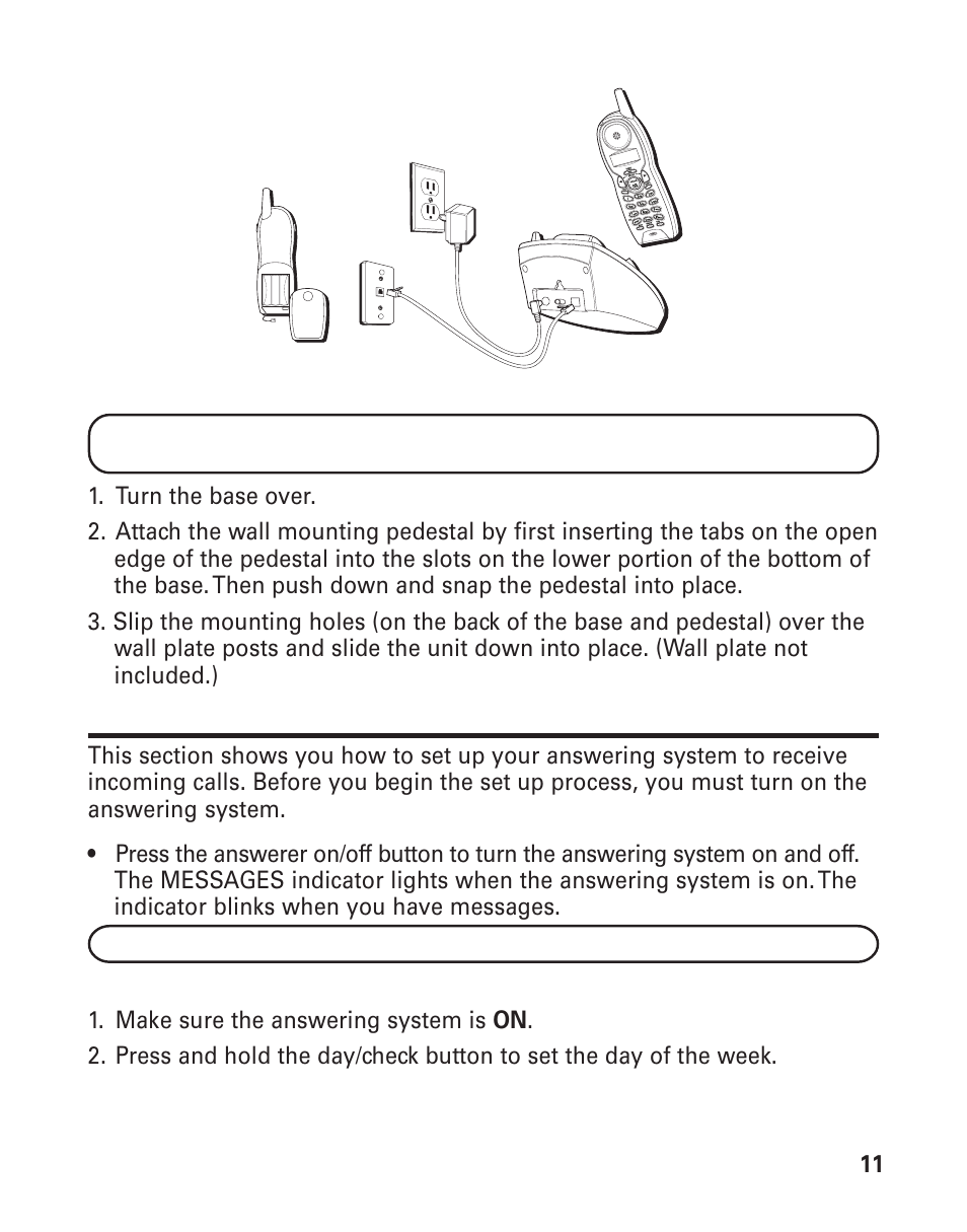 Wall mounting, Answering system setup, Voice time/day stamp | Nswering, Ystem, Etup, Oice, Tamp | GE 25893 User Manual | Page 11 / 40