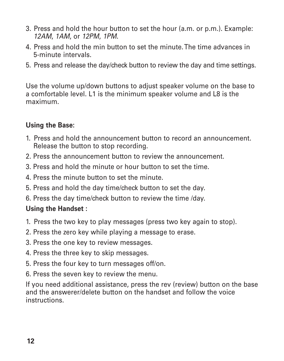 Speaker volume, Voice instructions, Peaker | Olume, Oice, Nstructions, Ecording, Utgoing, Nnouncement | GE 25893 User Manual | Page 12 / 40