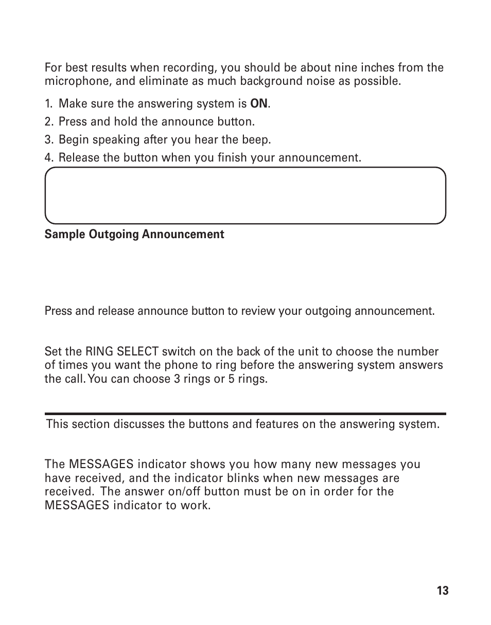 Recording the outgoing announcement, Reviewing the announcement, Ring select | Answering system operation, Messages indicator, Eviewing, Nnouncement, Elect, Nswering, Ystem | GE 25893 User Manual | Page 13 / 40