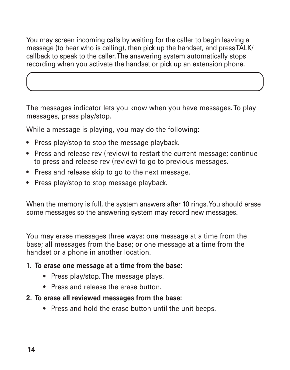 Screening calls from the base, Message playback, Memory full | Erasing messages, Essage, Layback, Emory, Rasing, Essages | GE 25893 User Manual | Page 14 / 40