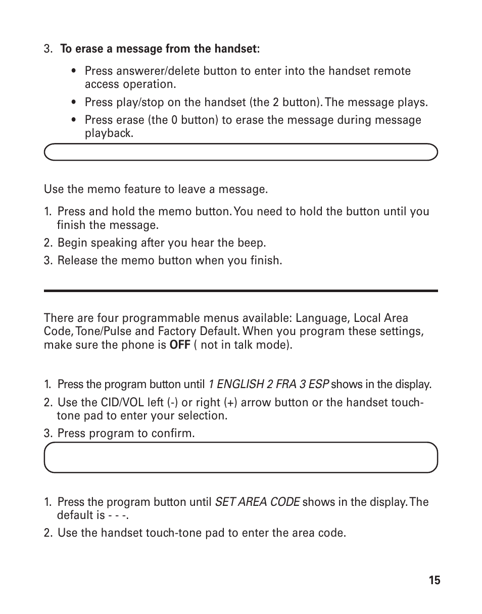 Leaving a memo, Telephone set up, Programmable menus | Display language, Local area code, Eaving, Elephone, Rogrammable, Enus, Isplay | GE 25893 User Manual | Page 15 / 40