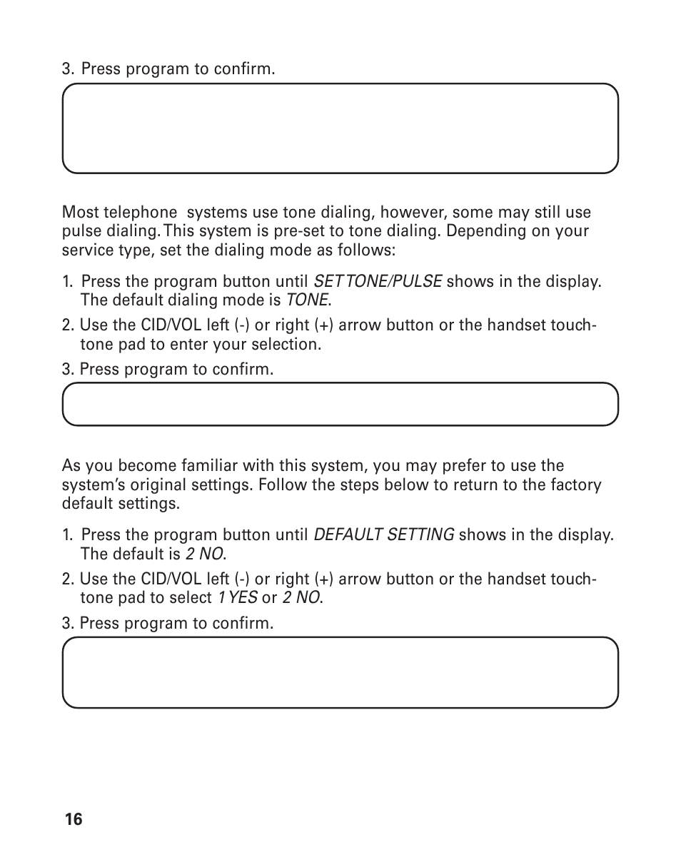 Tone/pulse, Factory default, Ulse | Actory, Efault, Elephone, Peration, Aking | GE 25893 User Manual | Page 16 / 40