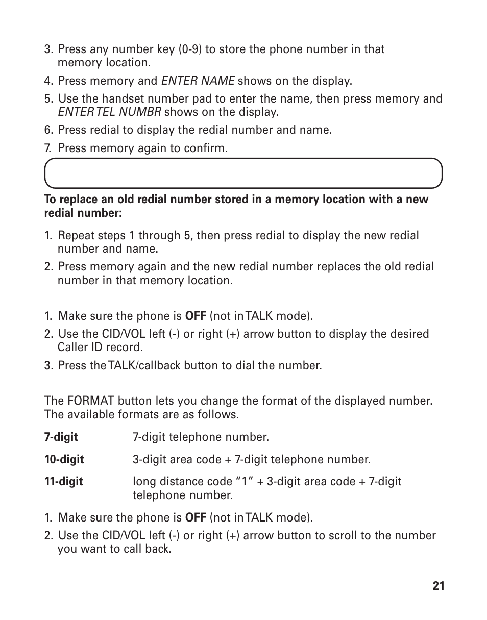 Dialing a cid number, Changing the number format, Ialing | Cid n, Umber, Hanging, Ormat | GE 25893 User Manual | Page 21 / 40