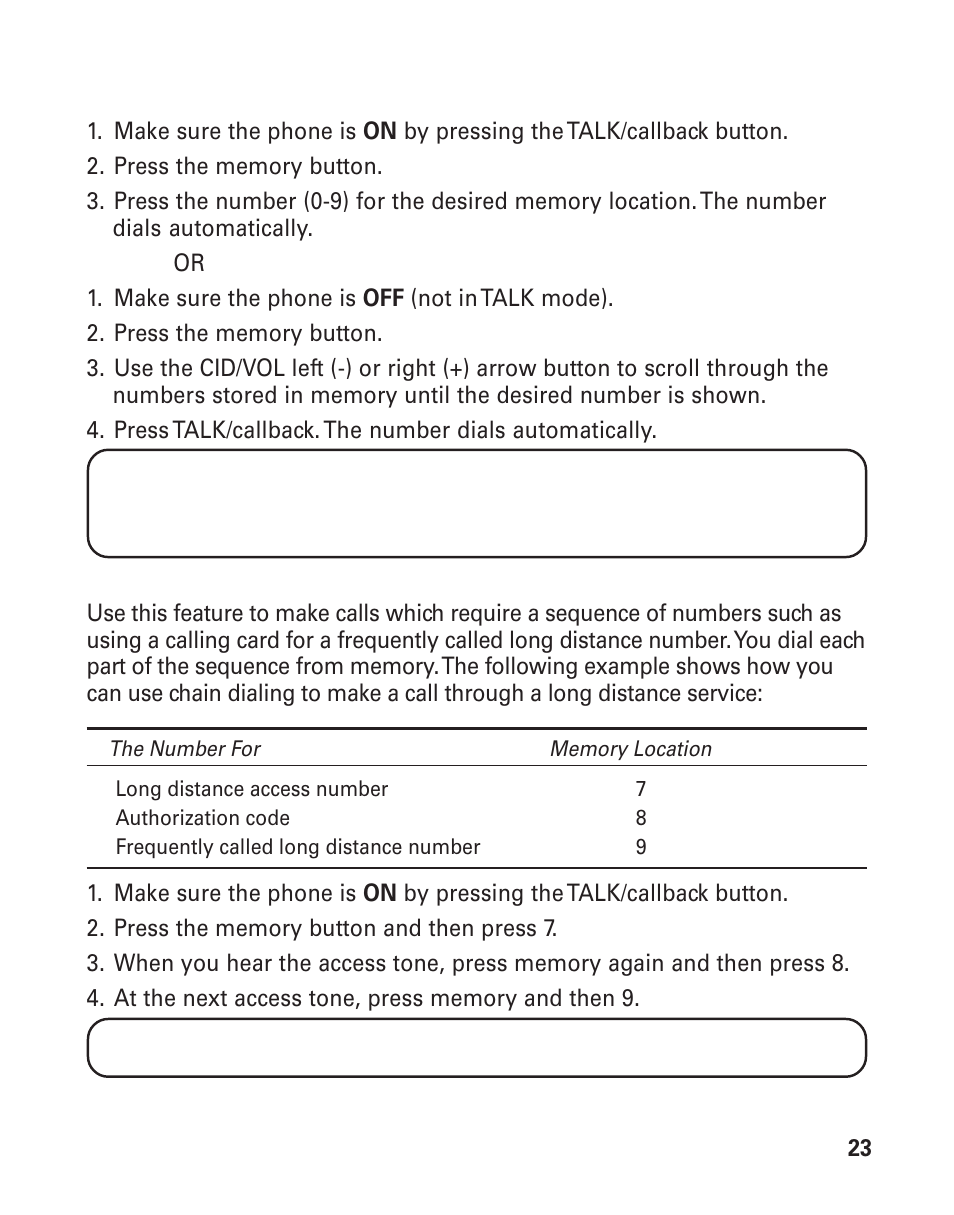 Dialing a stored number, Chain dialing from memory, Hain | Ialing, From, Emory, Nserting, Ause, Equence | GE 25893 User Manual | Page 23 / 40