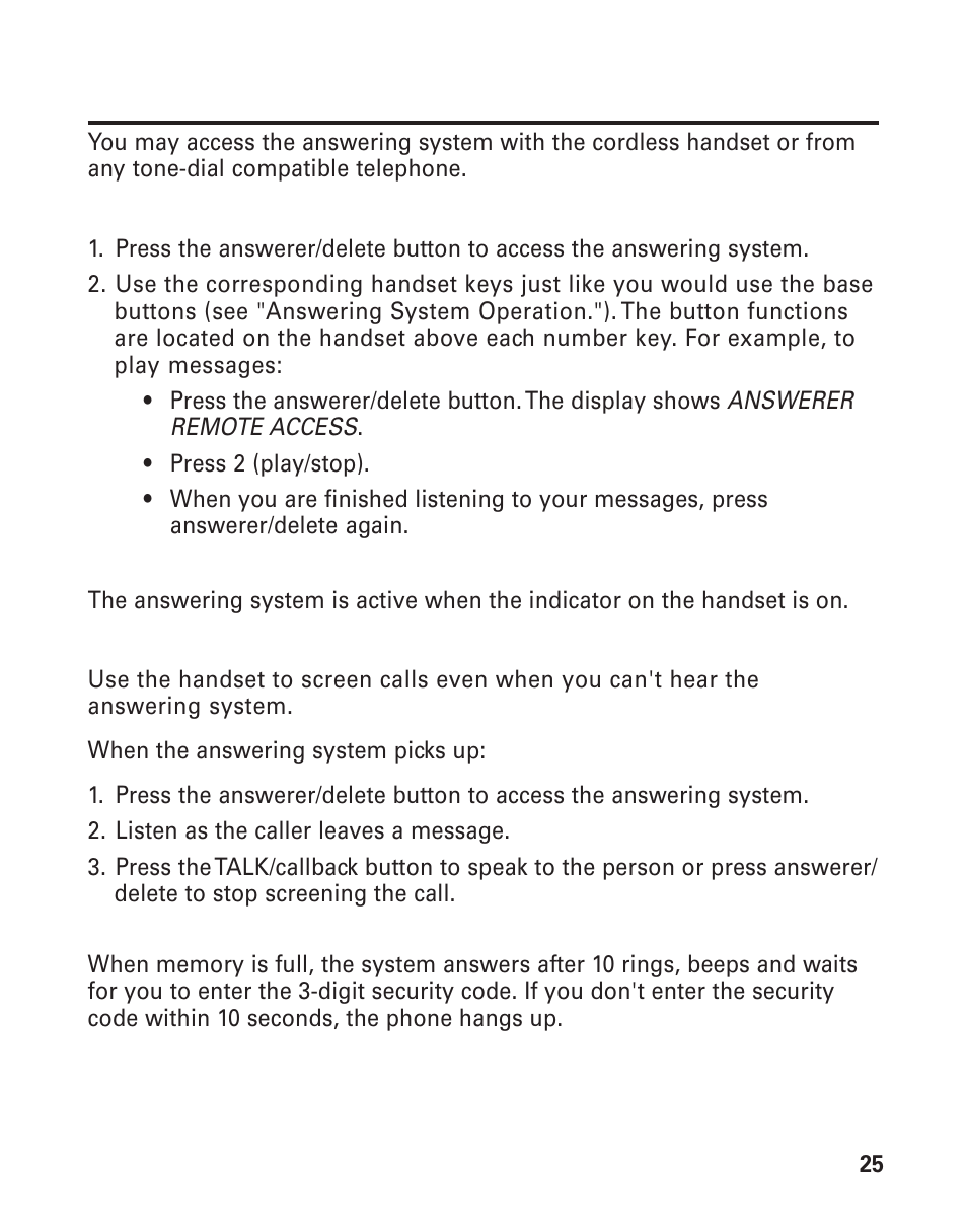 Remote access, Cordless handset, Answering system indicator | Screening calls from the handset, Memory full, Ordless, Andset, Nswering, Ystem, Ndicator | GE 25893 User Manual | Page 25 / 40