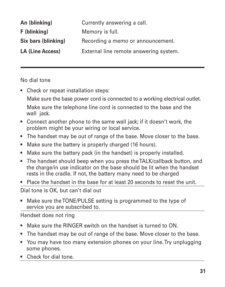 Troubleshooting guide, Cordless phone solutions, Roubleshooting | Uide, Ordless, Hone, Olutions | GE 25893 User Manual | Page 31 / 40