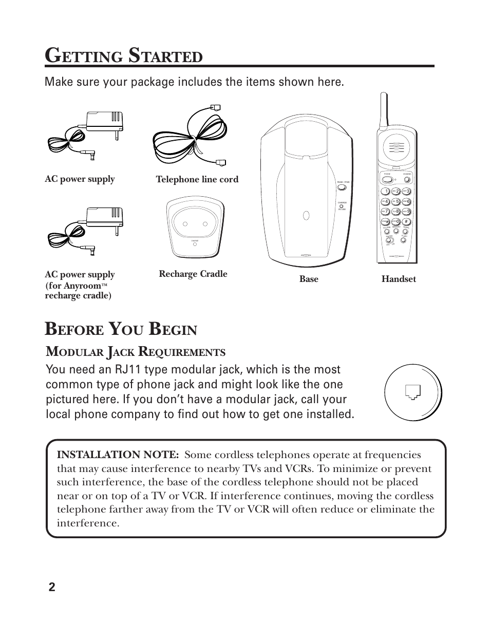 Etting, Tarted, Efore | Egin, Odular, Equirements, Base handset, Recharge cradle), Recharge cradle | GE 2-9751 User Manual | Page 4 / 20