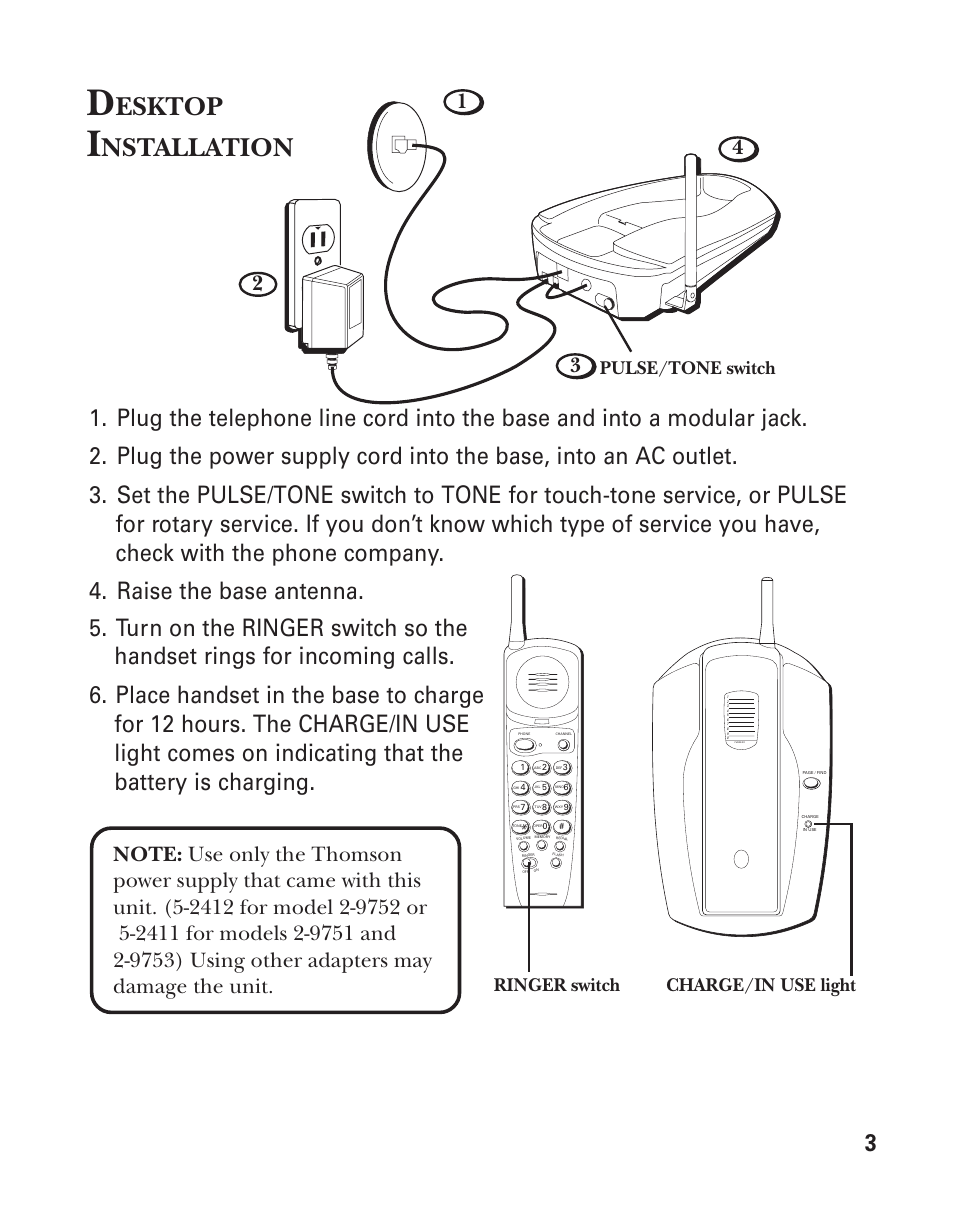 Esktop, Nstallation, Pulse/tone switch | Ringer switch charge/in use light | GE 2-9751 User Manual | Page 5 / 20