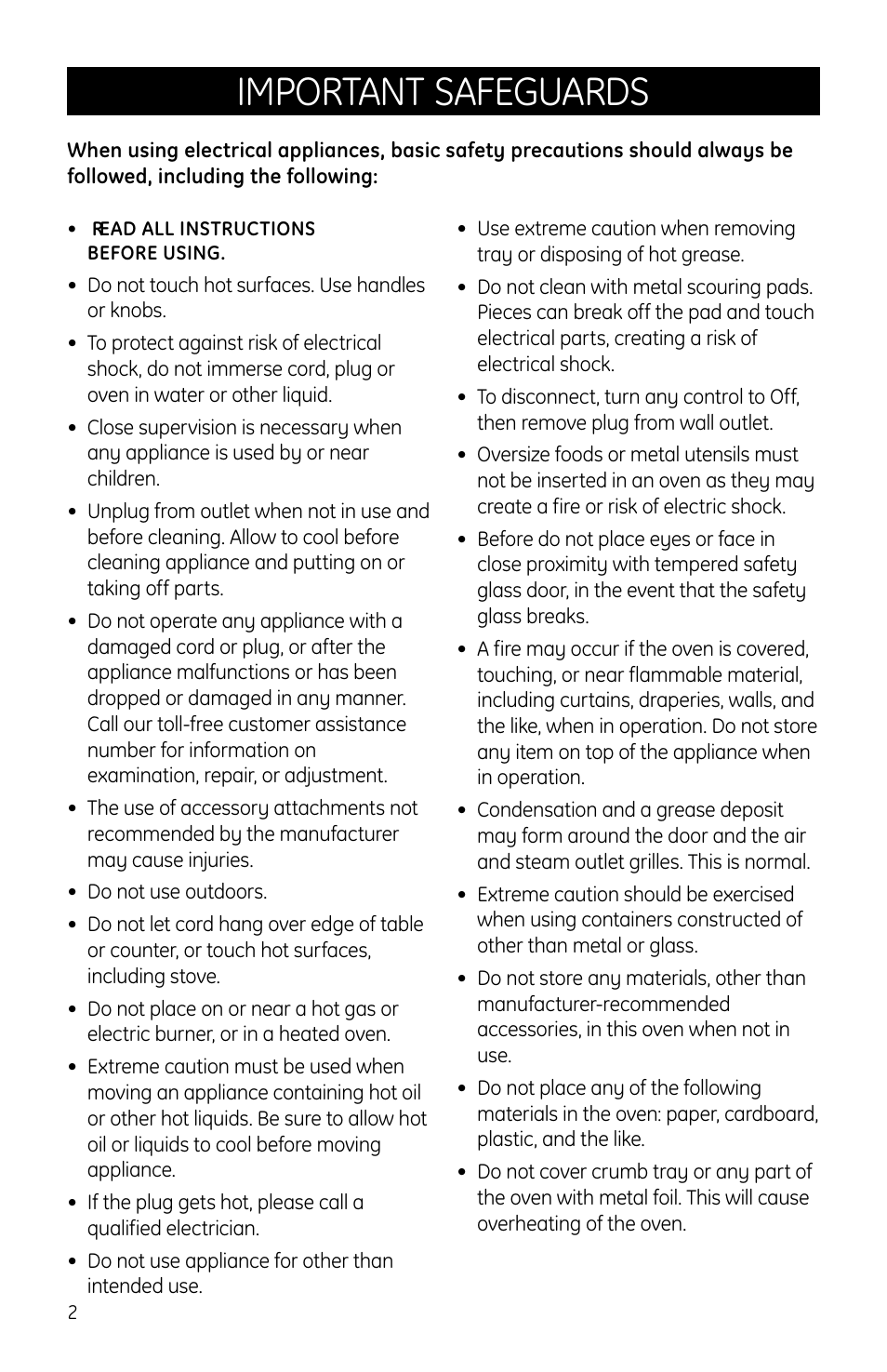 Important safeguards | GE Countertop Oven User Manual | Page 2 / 9
