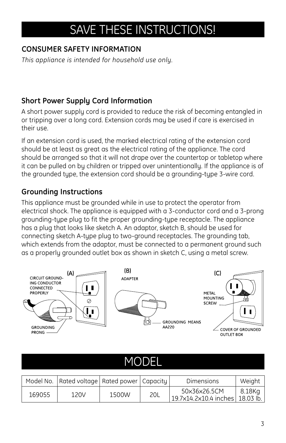 Save these instructions! model | GE Countertop Oven User Manual | Page 3 / 9