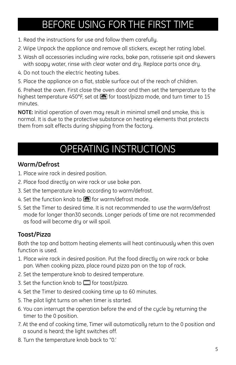 Before using for the first time, Operating instructions | GE Countertop Oven User Manual | Page 5 / 9