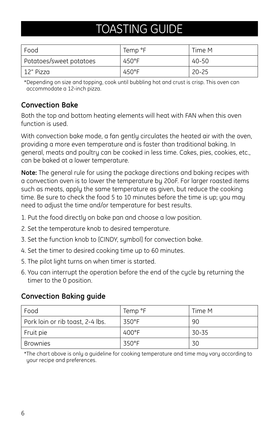 Toasting guide, Convection bake, Convection baking guide | GE Countertop Oven User Manual | Page 6 / 9