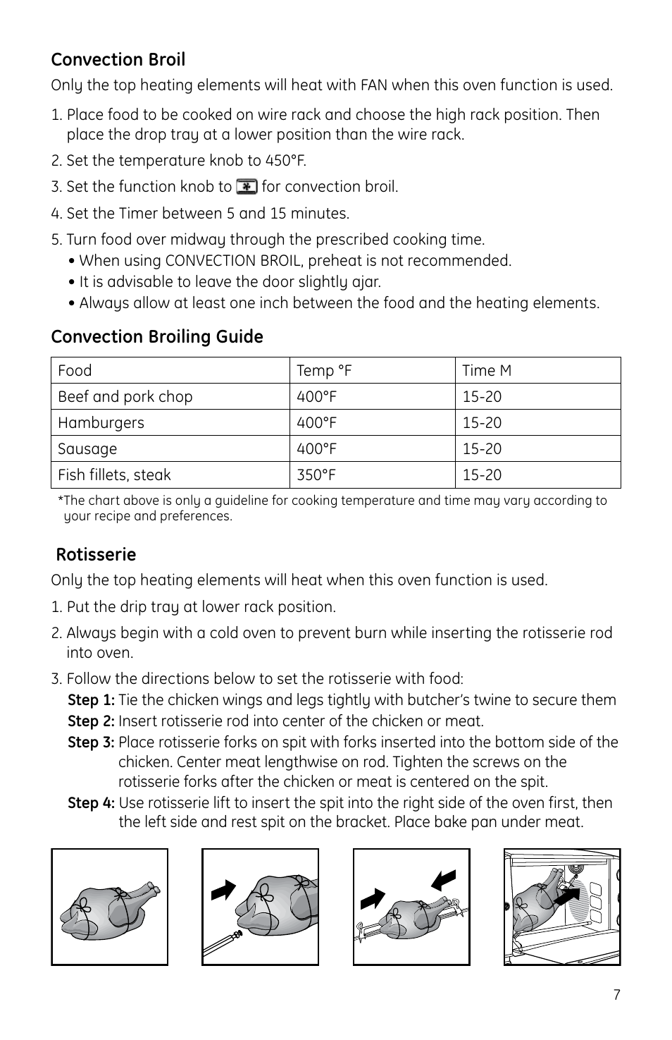 Convection broil, Convection broiling guide, Rotisserie | GE Countertop Oven User Manual | Page 7 / 9
