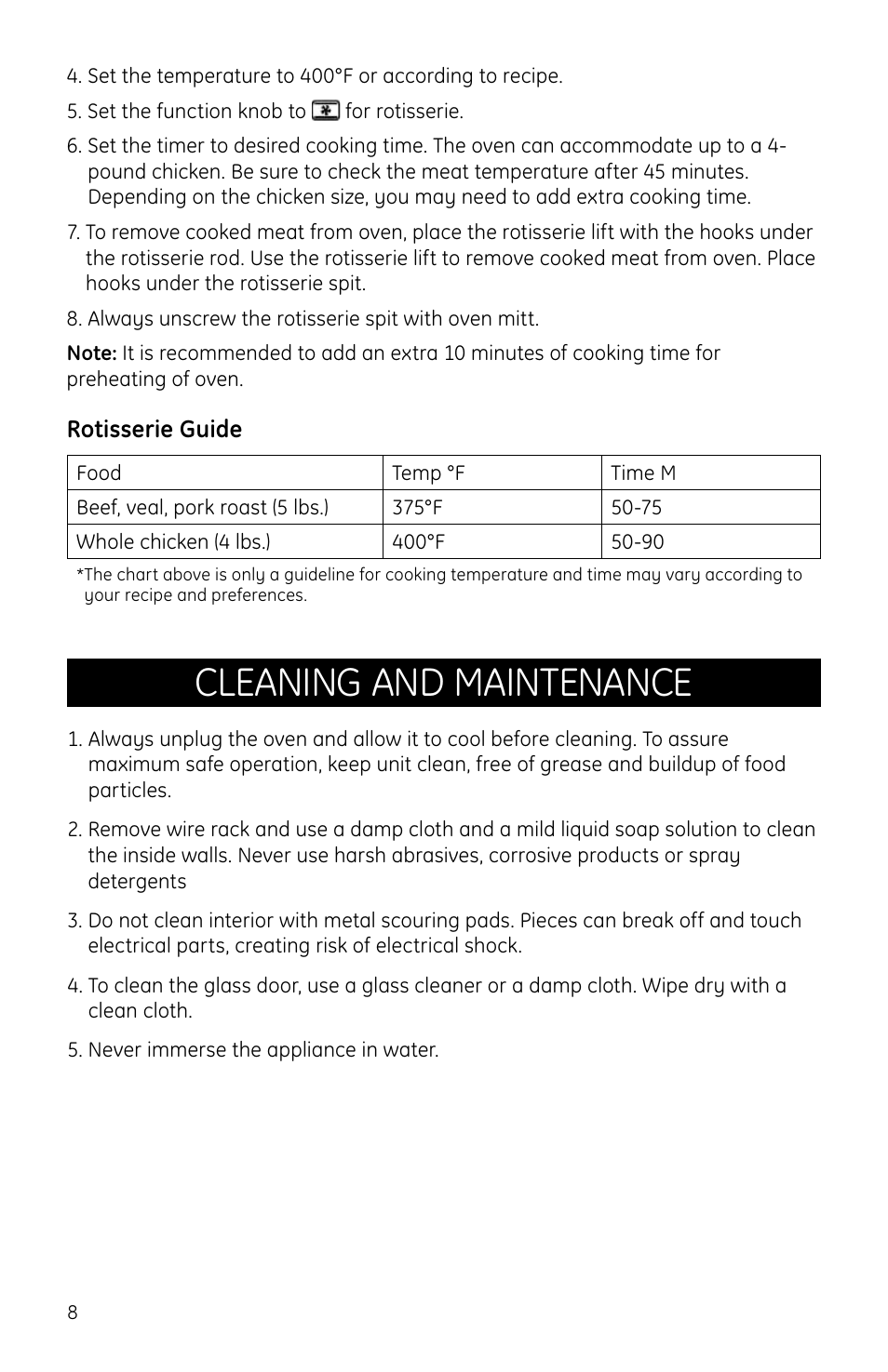 Cleaning and maintenance | GE Countertop Oven User Manual | Page 8 / 9