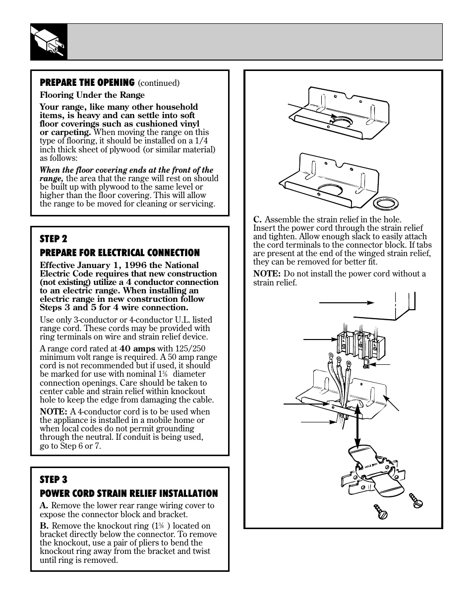 Flooring under the range, 36 installation instructions, Prepare the opening | Step 2 prepare for electrical connection, Step 3 power cord strain relief installation | GE 10-95 CG User Manual | Page 36 / 44