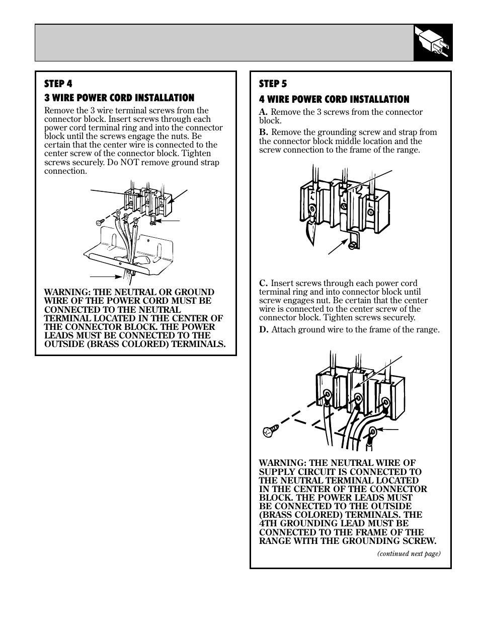 Step 5 4 wire power cord installation, Step 4 3 wire power cord installation | GE 10-95 CG User Manual | Page 37 / 44