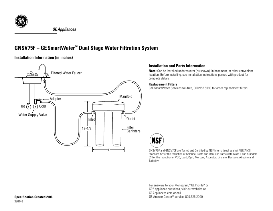 GE GNSV75F User Manual | 2 pages