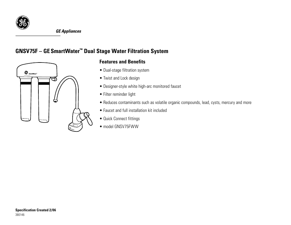 Gnsv75f – ge, Smartwater, Dual stage water filtration system | GE GNSV75F User Manual | Page 2 / 2