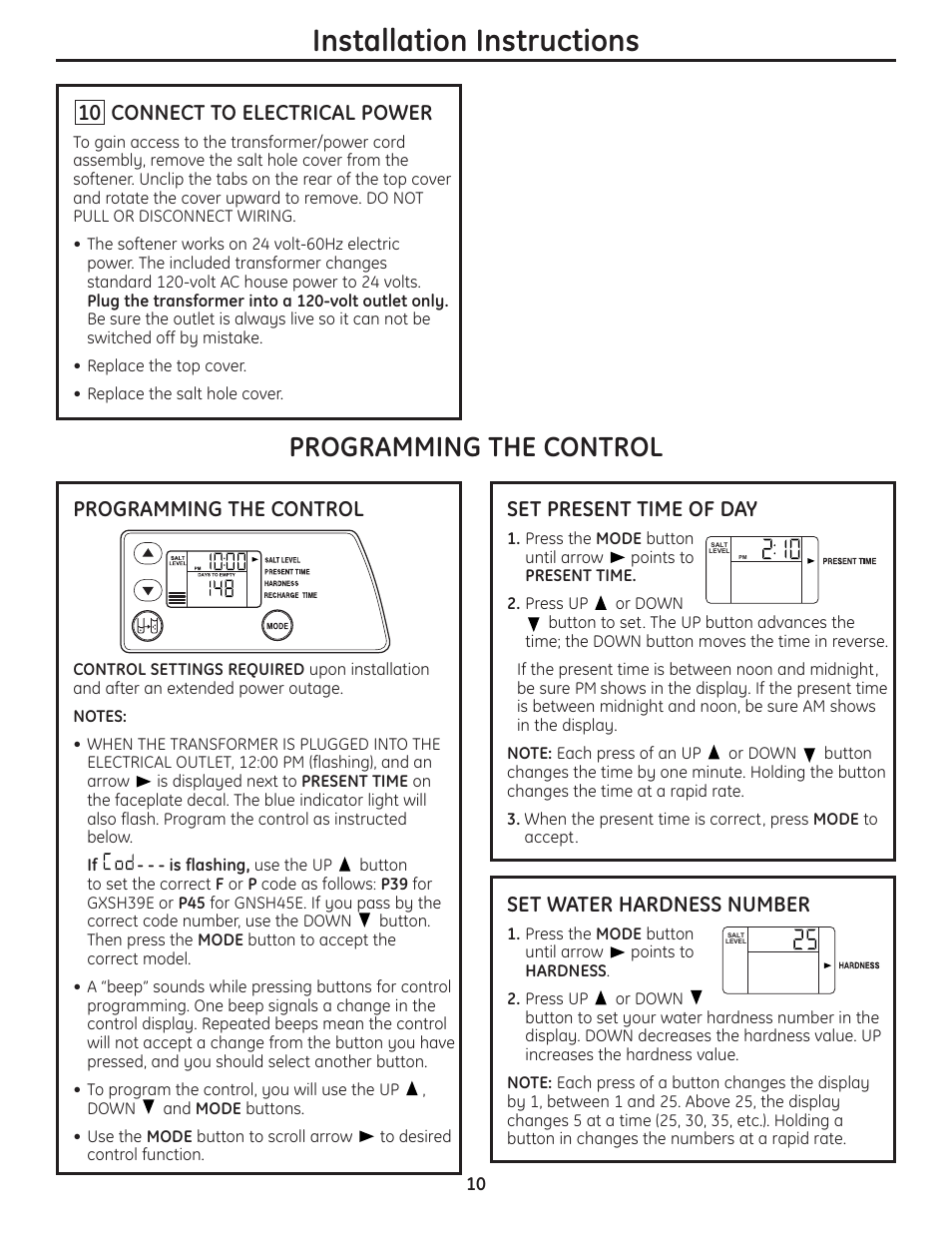 Installation instructions, Programming the control, Connect to electrical power | Set present time of day, Set water hardness number | GE GNSH45E User Manual | Page 10 / 64