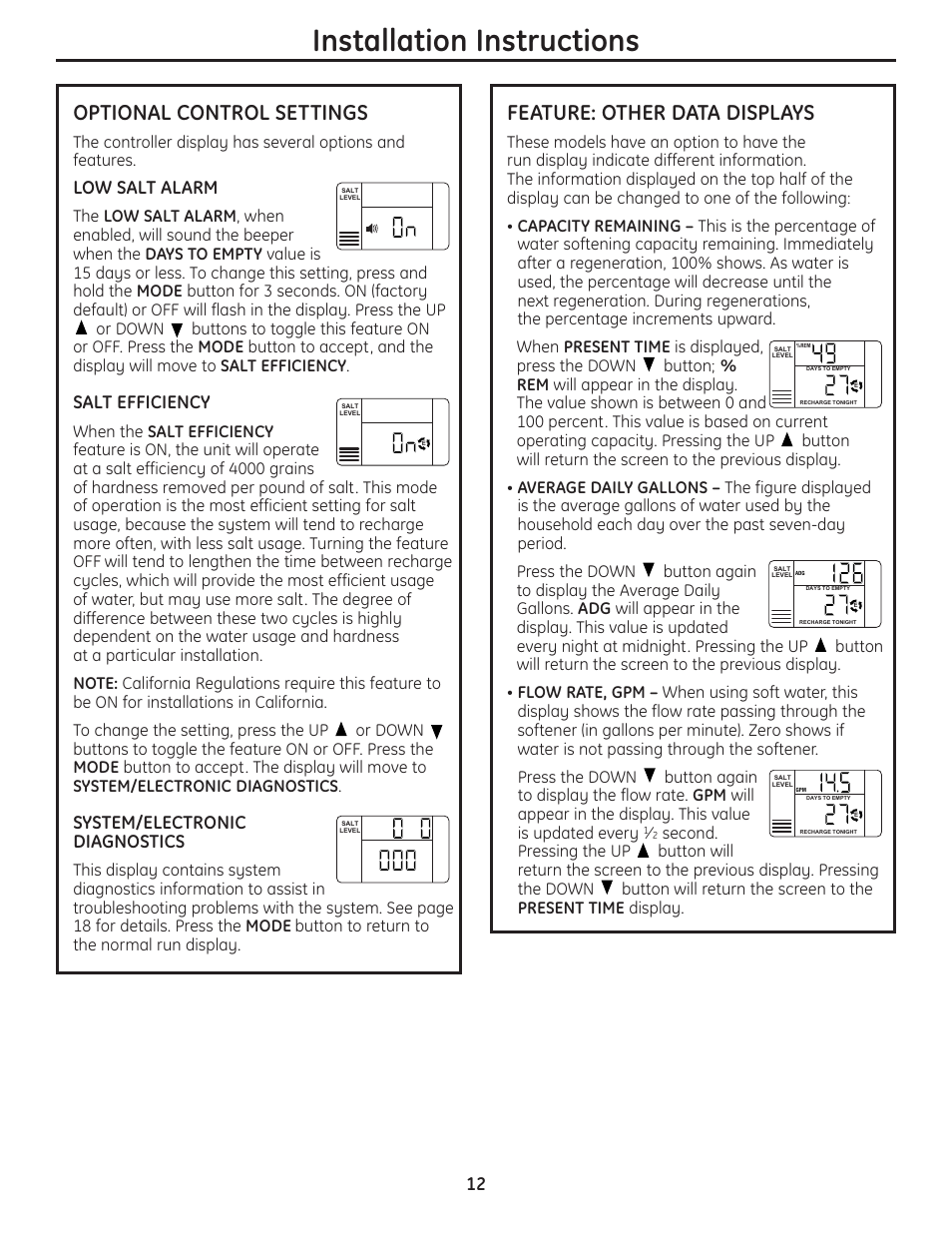 Installation instructions, Optional control settings, Feature: other data displays | Low salt alarm, Salt efficiency, System/electronic diagnostics | GE GNSH45E User Manual | Page 12 / 64