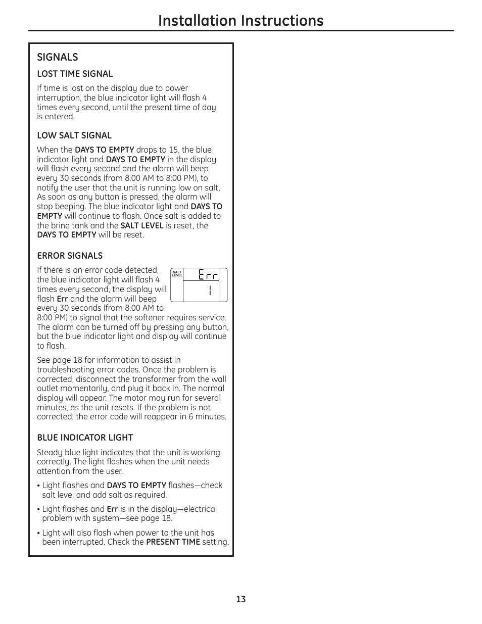 Installation instructions, Signals | GE GNSH45E User Manual | Page 13 / 64