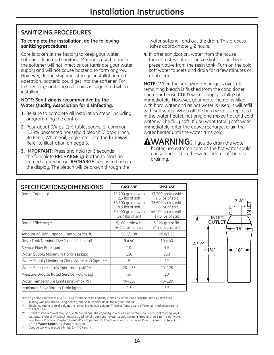 Installation instructions, Warning, Specifications/dimensions | Sanitizing procedures | GE GNSH45E User Manual | Page 14 / 64