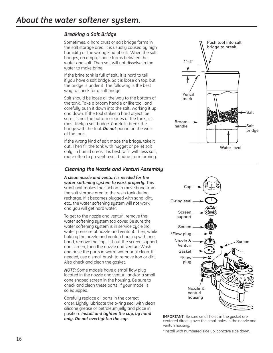 Breaking a salt bridge, Cleaning the nozzle and venturi assembly, About the water softener system | GE GNSH45E User Manual | Page 16 / 64