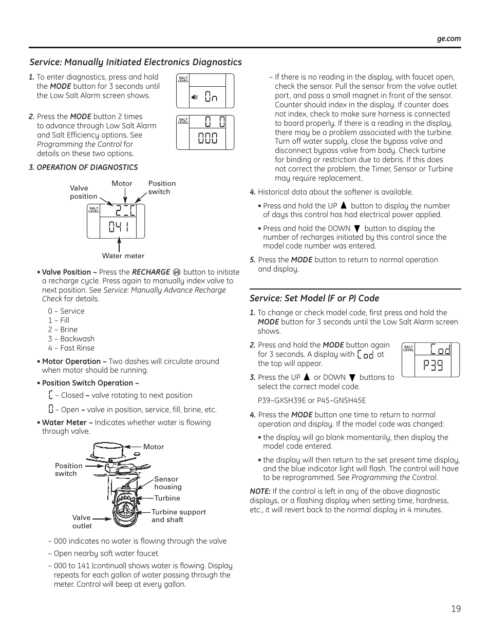 Service: set model (f or p) code | GE GNSH45E User Manual | Page 19 / 64