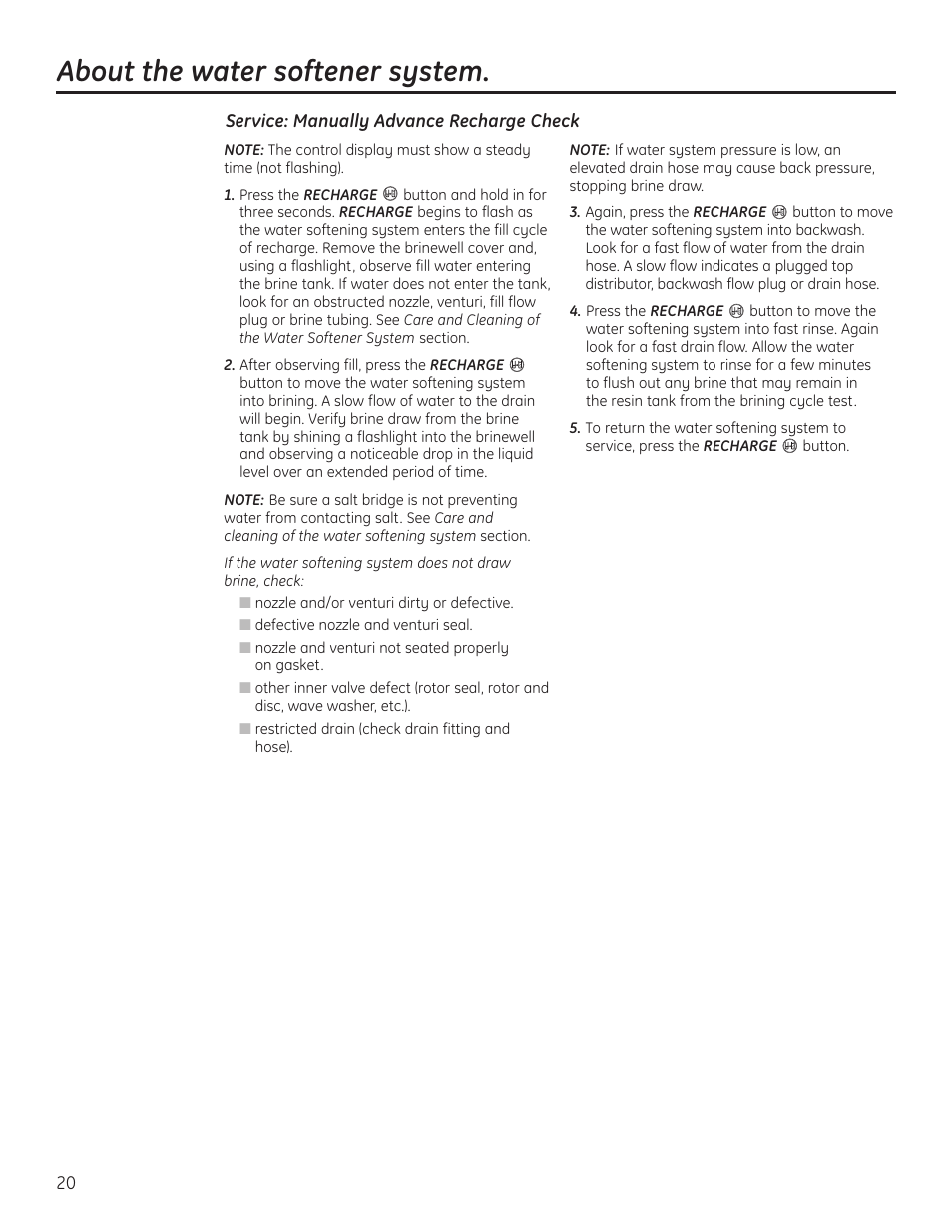 About the water softener system | GE GNSH45E User Manual | Page 20 / 64